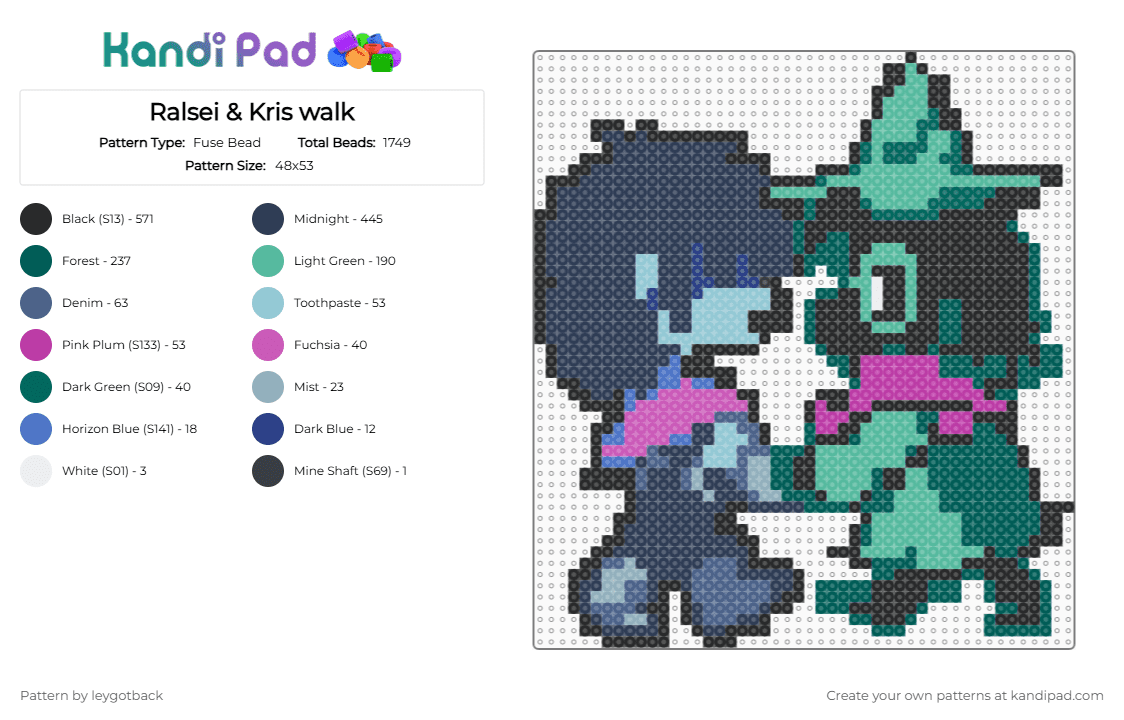 Ralsei & Kris walk - Fuse Bead Pattern by leygotback on Kandi Pad - deltarune, gray, kris deltarune, purple, ralsei deltarune, teal