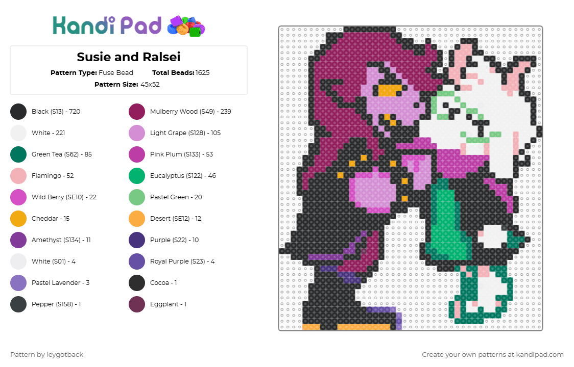 Susie and Ralsei - Fuse Bead Pattern by leygotback on Kandi Pad - black,pink,teal,deltarune,susie deltarune,deltarune ralsei,ralsei