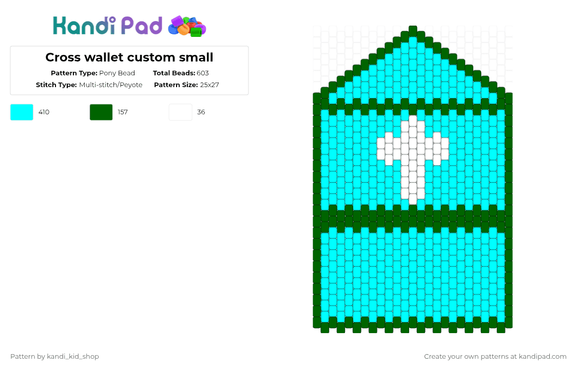 Cross wallet custom small - Pony Bead Pattern by kandi_kid_shop on Kandi Pad - cross, cross wallet, custom made, green, light blue, wallet