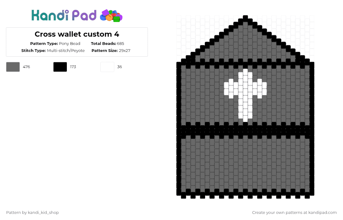 Cross wallet custom 4 - Pony Bead Pattern by kandi_kid_shop on Kandi Pad - cross, cross wallet, custom made, gray, wallet