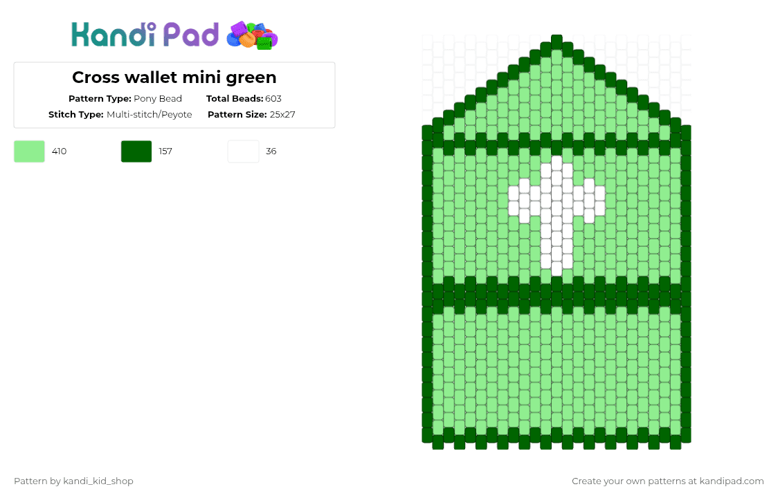 Cross wallet mini green Pony Bead Pattern - Kandi Pad | Kandi Patterns ...