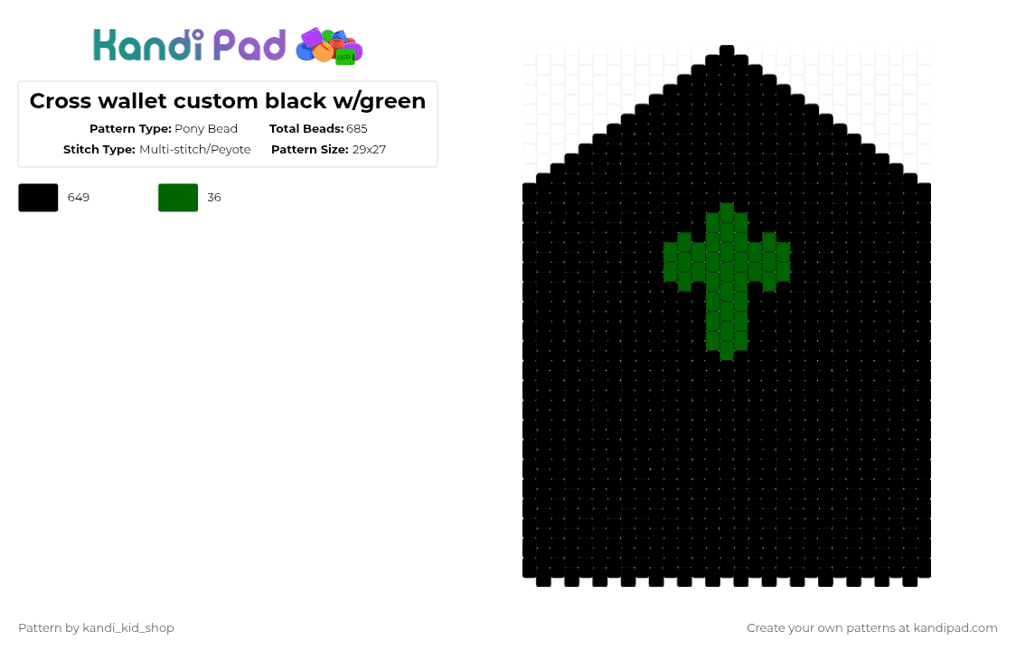 Cross wallet custom black w/green - Pony Bead Pattern by kandi_kid_shop on Kandi Pad - black, cross, cross wallet, custom made, wallet