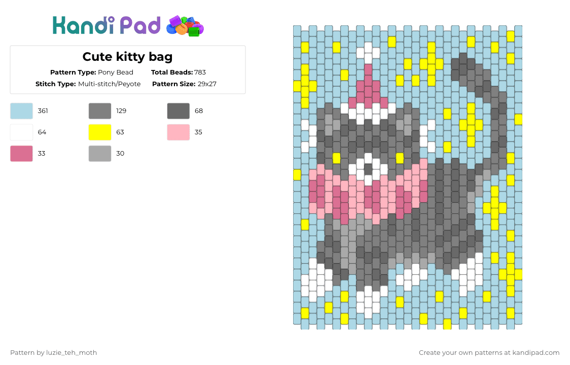 Cute kitty bag - Pony Bead Pattern by luzie_teh_moth on Kandi Pad - light blue,gray,cotdshimmer