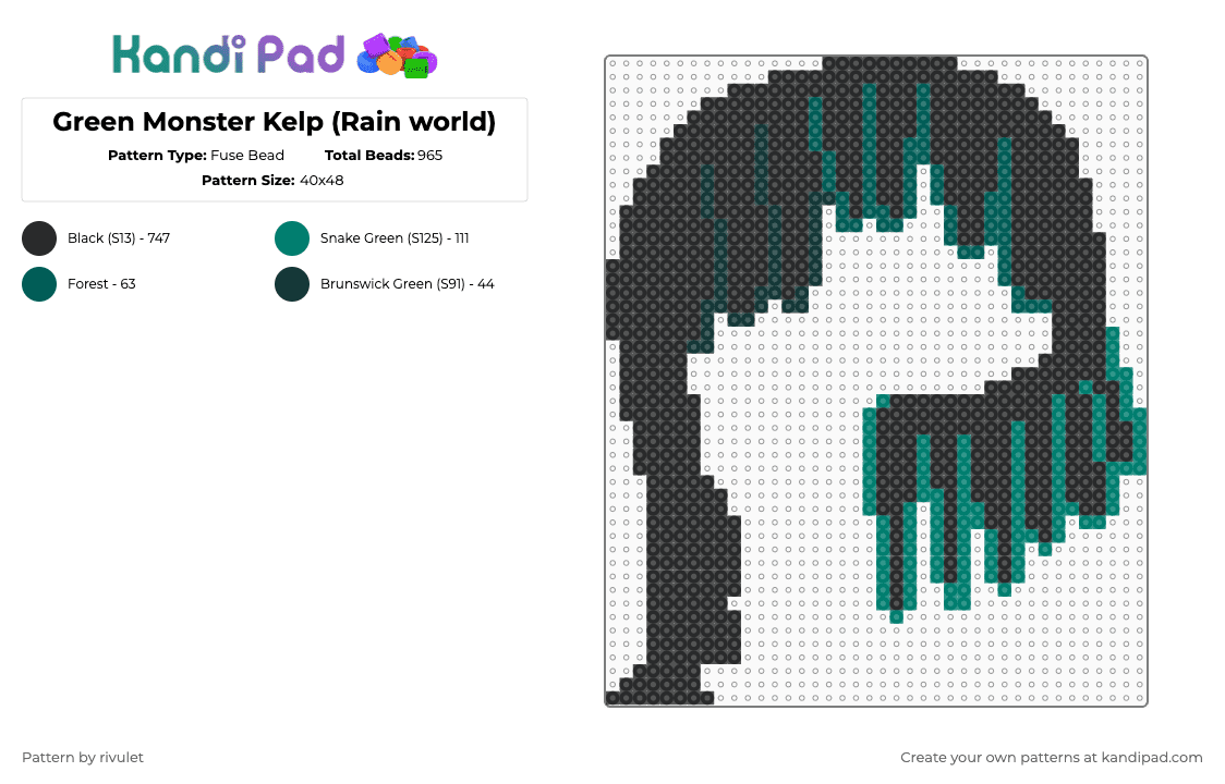 Green Monster Kelp (Rain world) - Fuse Bead Pattern by rivulet on Kandi Pad - black,teal,gray