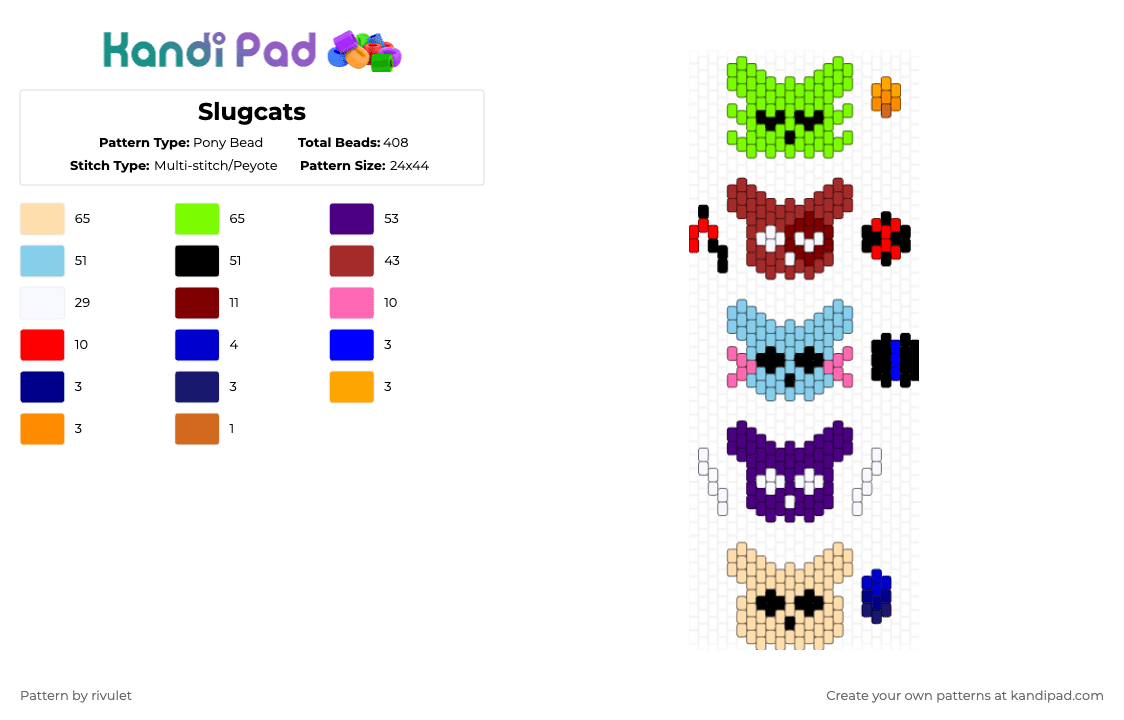 Slugcats - Pony Bead Pattern by rivulet on Kandi Pad - purple,red,green,colorful