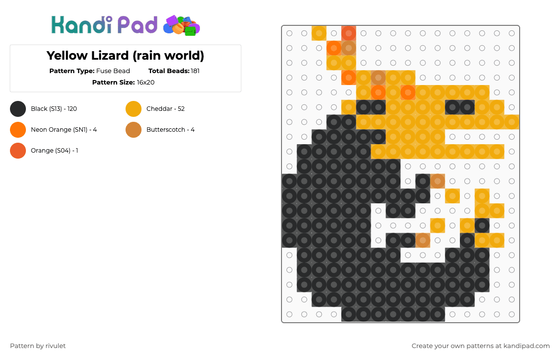 Yellow Lizard (rain world) - Fuse Bead Pattern by rivulet on Kandi Pad - orange,black