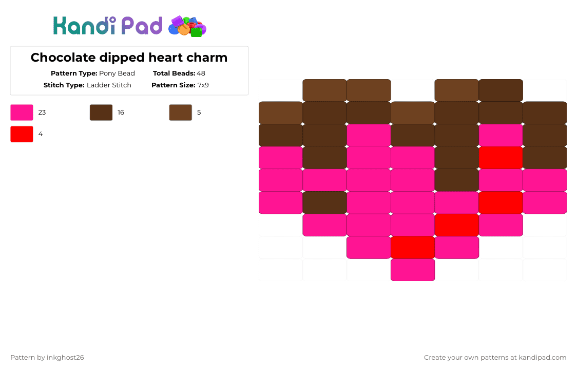 Chocolate dipped heart charm - Pony Bead Pattern by inkghost26 on Kandi Pad - pink,brown,candy,valentines,chocolate,heart