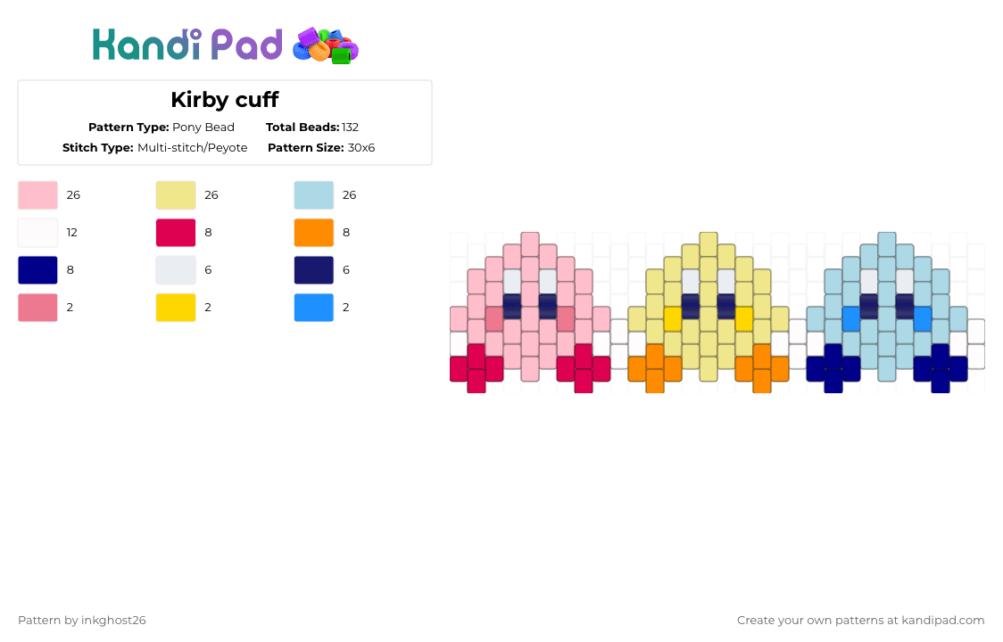 Kirby cuff - Pony Bead Pattern by inkghost26 on Kandi Pad - pink,yellow,light blue,kirby,nintendo,cute,video games,colourful