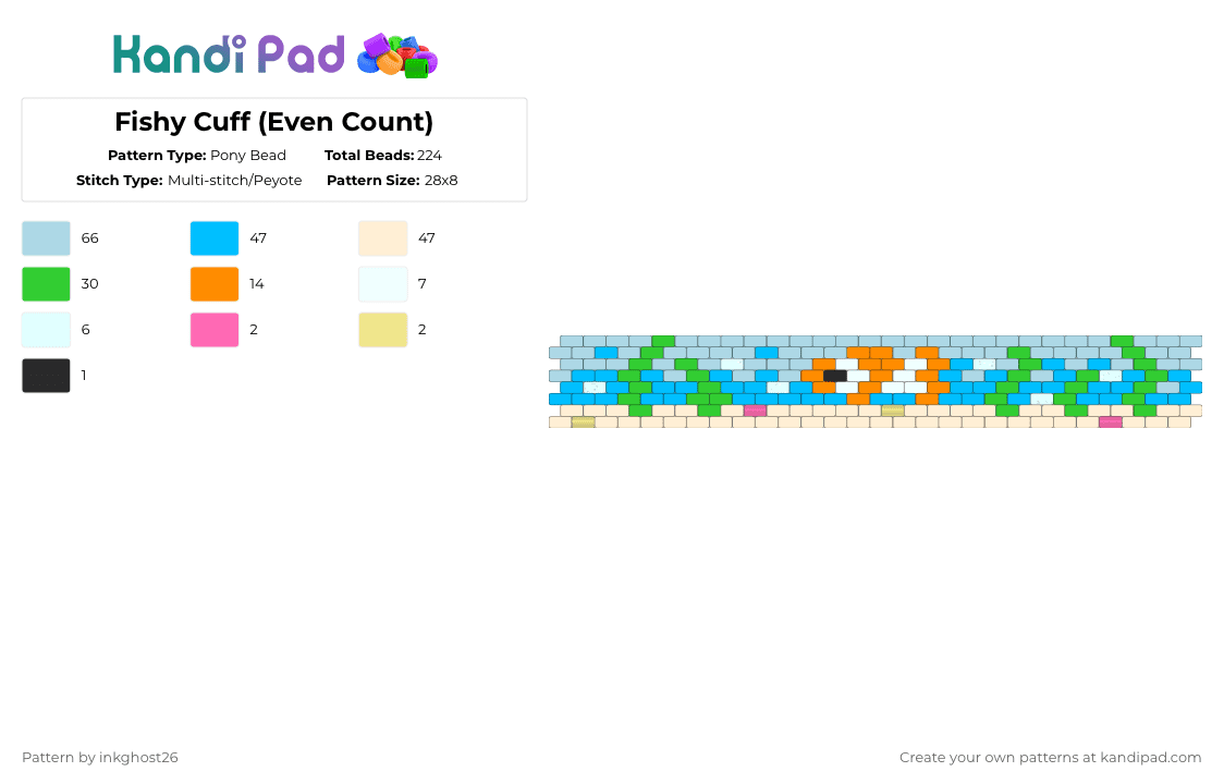 Fishy Cuff (Even Count) - Pony Bead Pattern by inkghost26 on Kandi Pad - light blue,beige,fish,water,ocean,blue