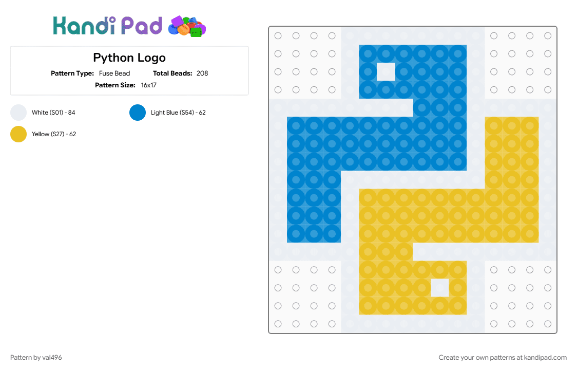 Python Logo - Fuse Bead Pattern by val496 on Kandi Pad - blue, code, computer, computer science, python, yellow