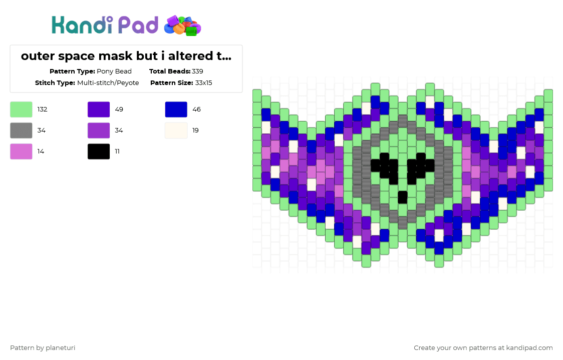 outer space mask but i altered the colors because i dont have enough blue beads - Pony Bead Pattern by planeturi on Kandi Pad - purple,teal,mask,space,alien