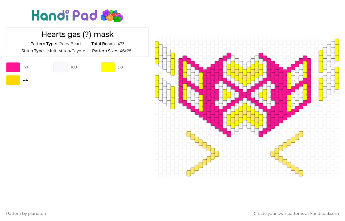 Hearts gas (?) mask - Pony Bead Pattern by planeturi on Kandi Pad - yellow,pink,mask,gas mask,heart,hearts