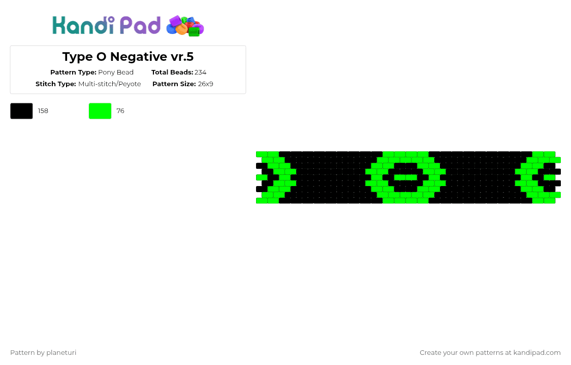 Type O Negative vr.5 - Pony Bead Pattern by planeturi on Kandi Pad - green,black