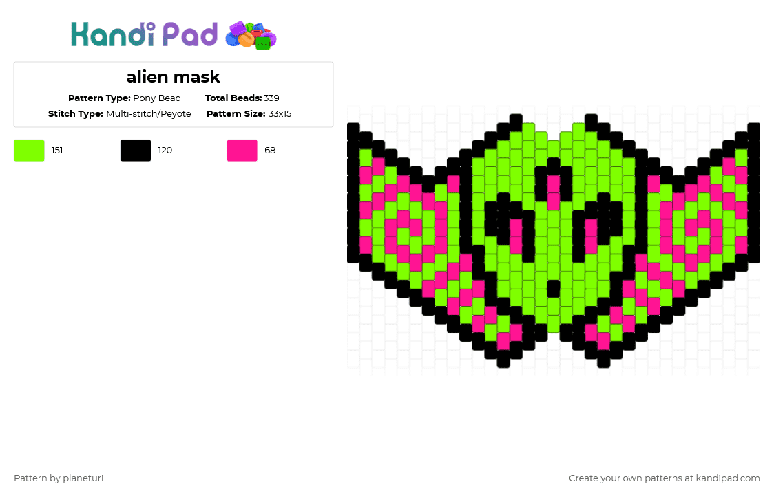alien mask - Pony Bead Pattern by planeturi on Kandi Pad - green,pink,mask,space,alien