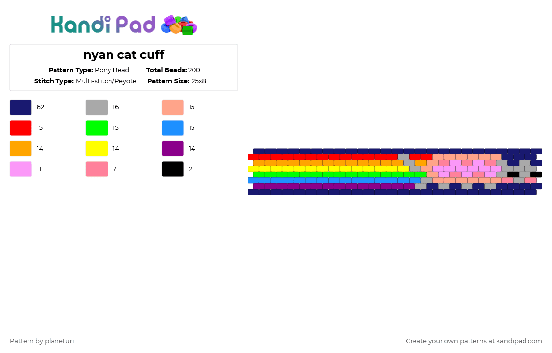 nyan cat cuff - Pony Bead Pattern by planeturi on Kandi Pad - pink,orange,purple,nyan cat
