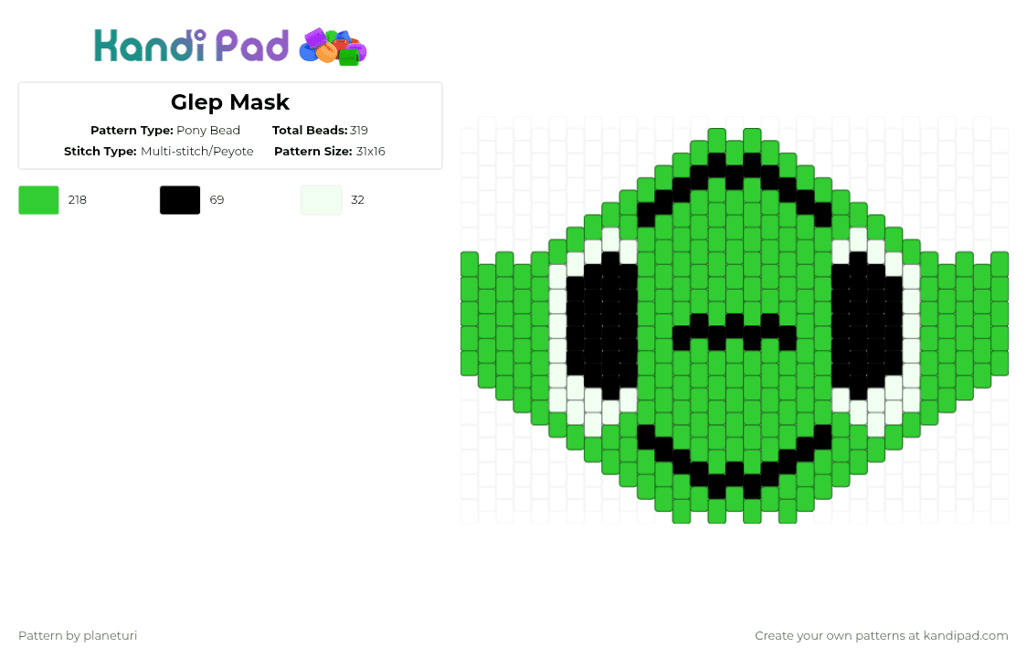 Glep Mask - Pony Bead Pattern by planeturi on Kandi Pad - glep, green, mask, smiling friends