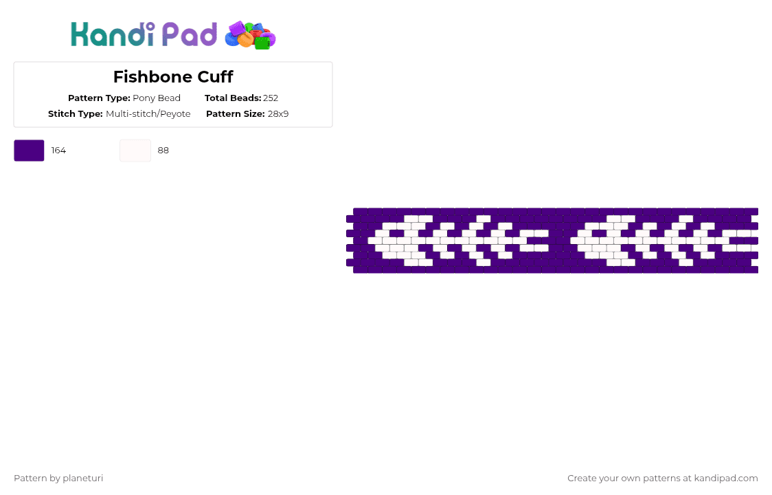 Fishbone Cuff - Pony Bead Pattern by planeturi on Kandi Pad - white,purple,fish,bones