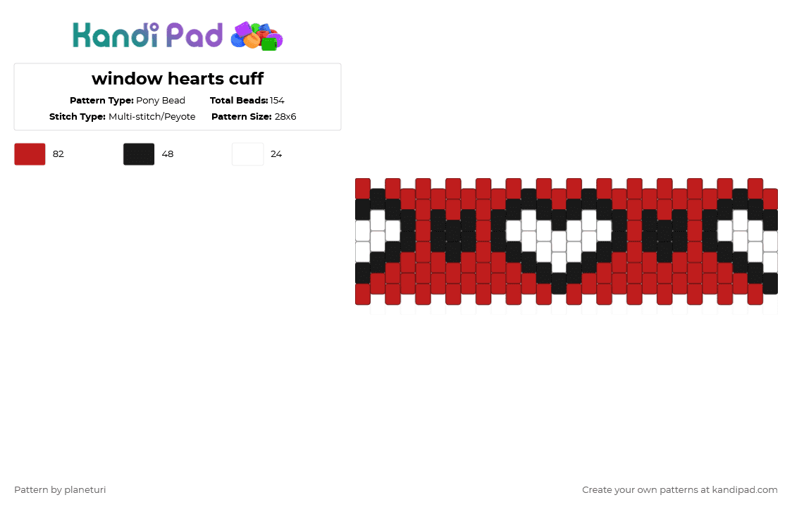 window hearts cuff - Pony Bead Pattern by planeturi on Kandi Pad - red,heart,hearts,cuff