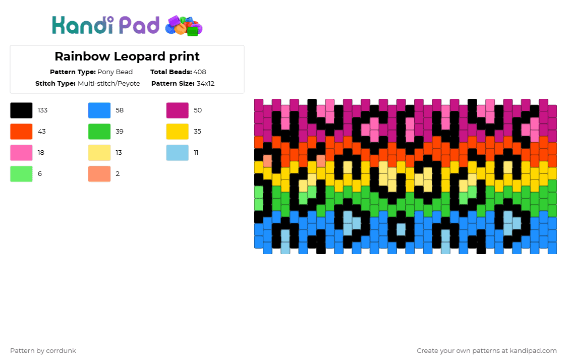 Rainbow Leopard print - Pony Bead Pattern by corrdunk on Kandi Pad - light blue,yellow,pink,colorful