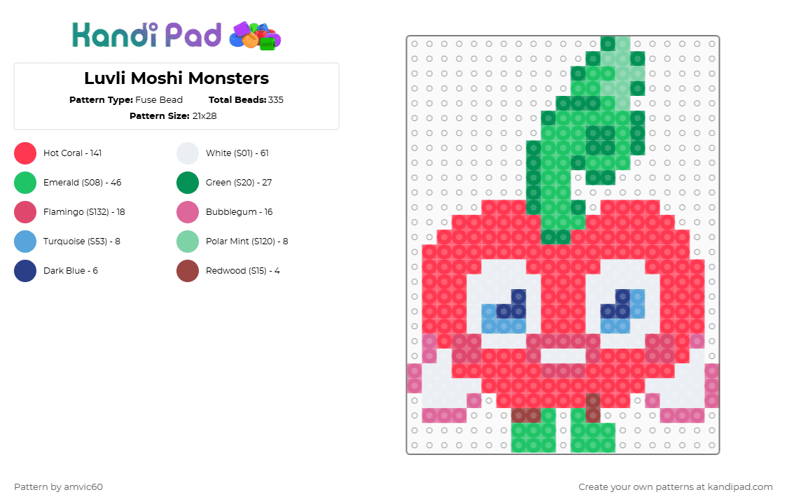 Luvli Moshi Monsters - Fuse Bead Pattern by burythehatchetfield on Kandi Pad - luvli,creature,cartoon,gaming,video game,red,green,moshi monsters,moshlings,virtual pet,2000s,web browser game