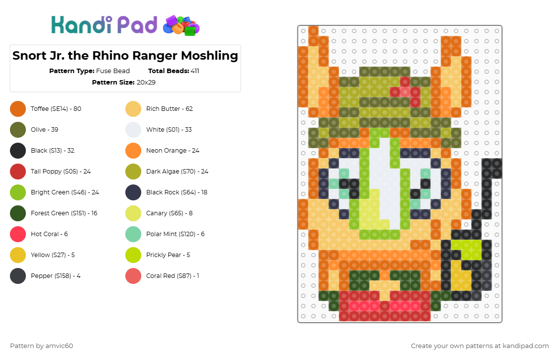 Snort Jr. the Rhino Ranger Moshling - Fuse Bead Pattern by burythehatchetfield on Kandi Pad - orange,gold,yellow,green,moshi monsters,moshling,beasties,snort jr,virtual pet,video game,super moshling