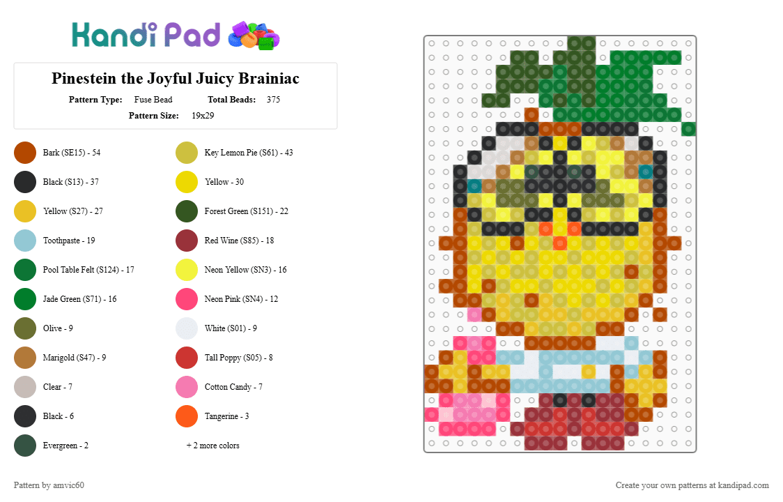 Pinestein the Joyful Juicy Brainiac Moshling - Fuse Bead Pattern by burythehatchetfield on Kandi Pad - yellow,gold,red,green,moshling,moshi monsters,brainies,virtual pet,video game,pinestein
