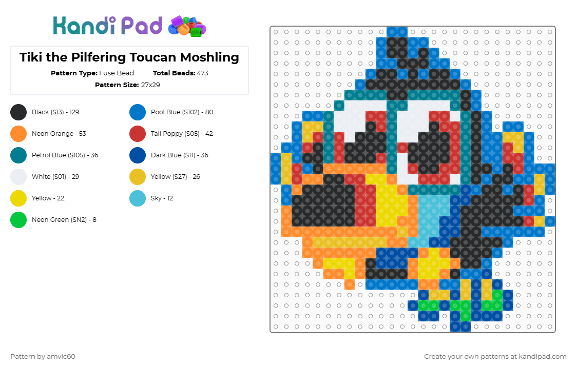Tiki the Pilfering Toucan Moshling - Fuse Bead Pattern by burythehatchetfield on Kandi Pad - toucan,bird,animal,cartoon,gaming,video game,blue,orange,yellow,red,moshi monsters,moshling,tiki,birdies,virtual pet