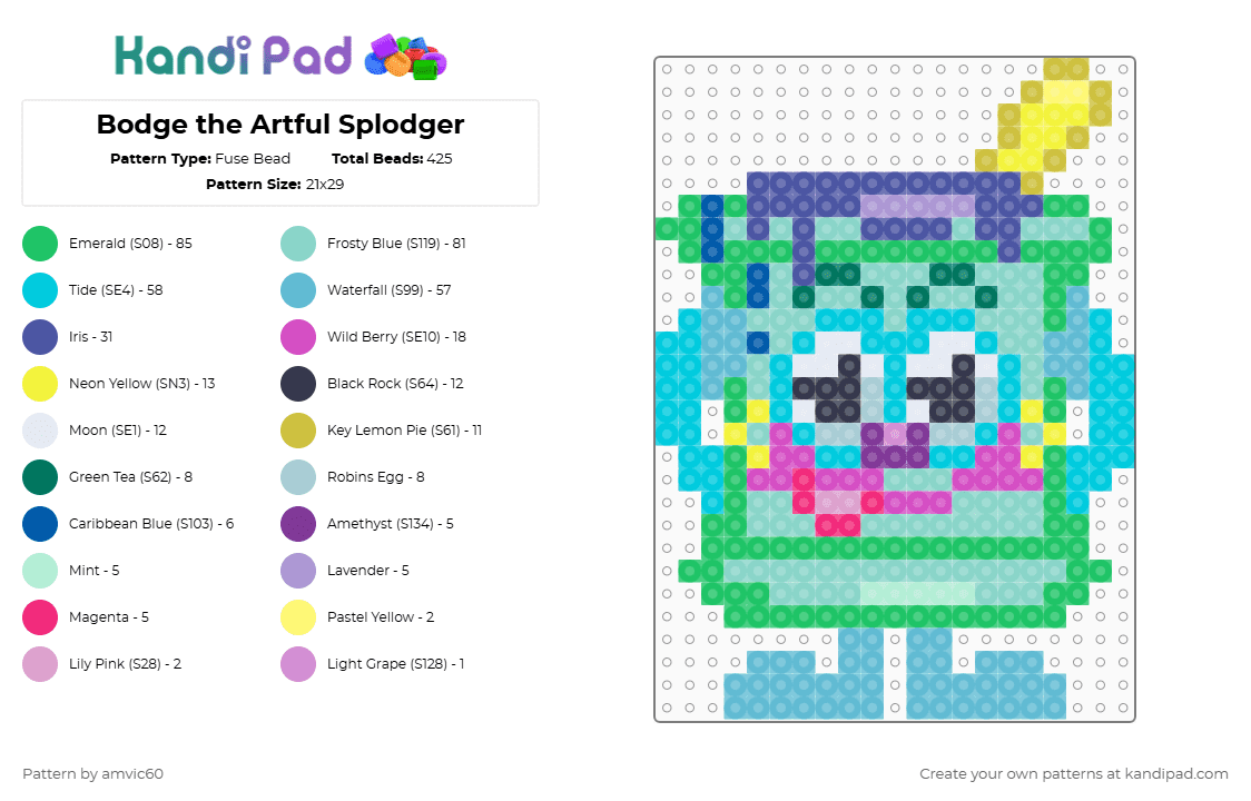 Bodge the Artful Splodger Moshling - Fuse Bead Pattern by burythehatchetfield on Kandi Pad - light blue,green,moshi monsters,moshling,bodge,virtual pet,web browser game,2000s,video game,arties