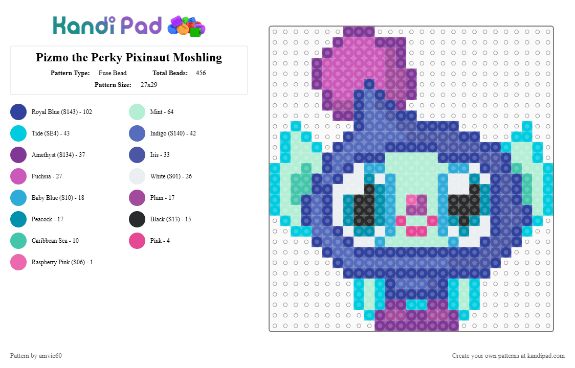 Pizmo the Perky Pixinaut Moshling - Fuse Bead Pattern by burythehatchetfield on Kandi Pad - pink,light blue,purple,moshling,moshi monsters,pizmo,virtual pet,video game,brainies