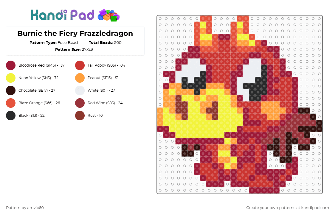 Burnie the Fiery Frazzledragon Moshling - Fuse Bead Pattern by burythehatchetfield on Kandi Pad - red,moshi monsters,moshlings,burnie,beasties,web browser game,video game
