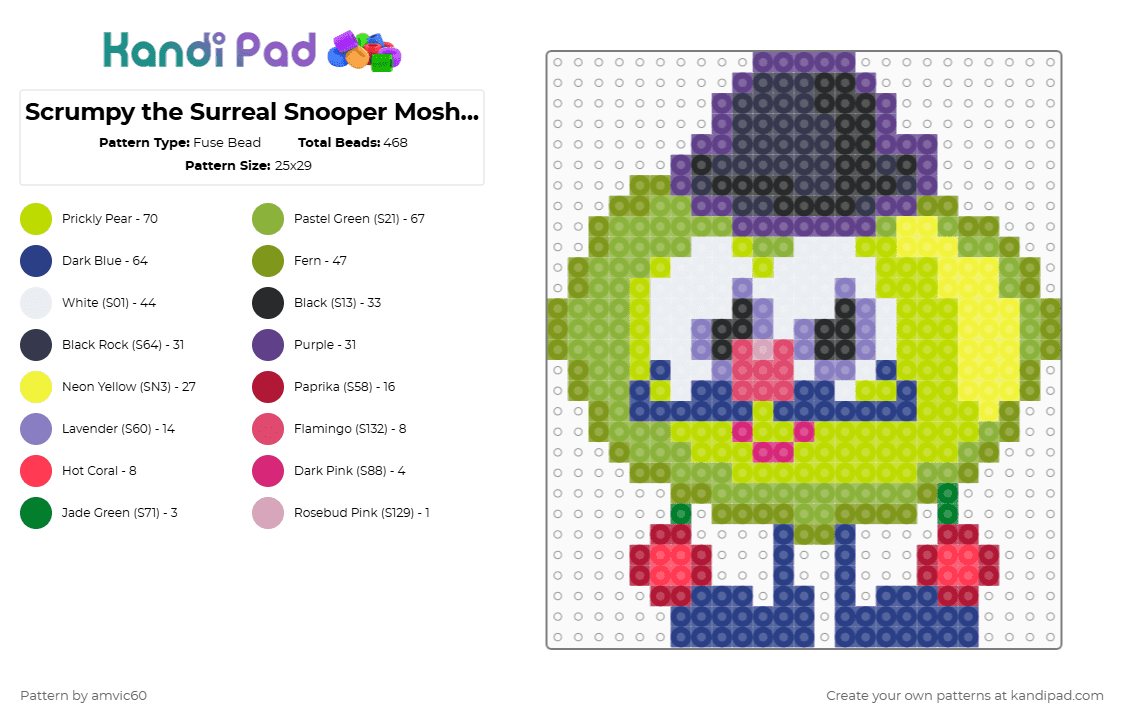 Scrumpy the Surreal Snooper Moshling - Fuse Bead Pattern by burythehatchetfield on Kandi Pad - green,blue,purple,moshi monsters,moshling,scrumpy,virtual pet,web browser game,video game,2000s,arties