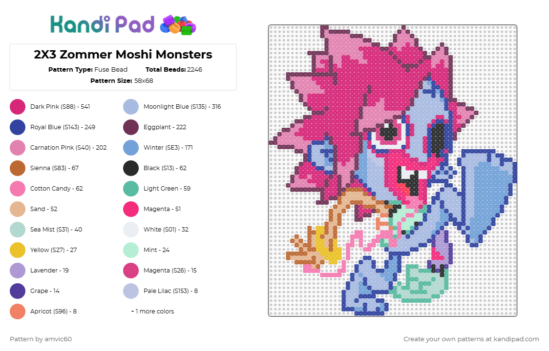 2X3 Zommer Moshi Monsters - Fuse Bead Pattern by burythehatchetfield on Kandi Pad - purple,pink,light blue,moshi monsters,moshlings,zommer,virtual pet,web browser game,2000s,video game