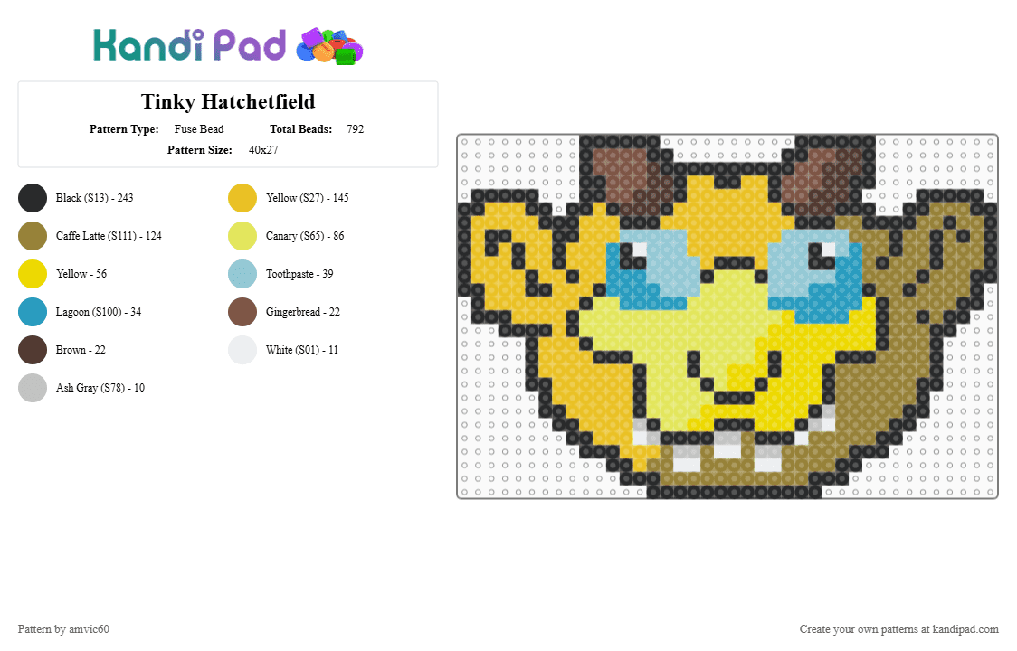 Tinky Hatchetfield - Fuse Bead Pattern by burythehatchetfield on Kandi Pad - yellow,gold,hatchetfield,lords in black,tinky,starkid,villain,tgwdlm,black friday,npmd