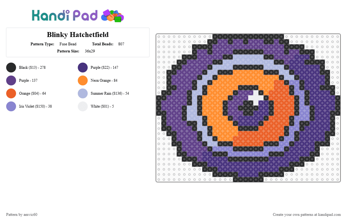 Blinky Hatchetfield - Fuse Bead Pattern by burythehatchetfield on Kandi Pad - purple,orange,hatchetfield,villain,lords in black,starkid,blinky,tgwdlm,black friday,npmd