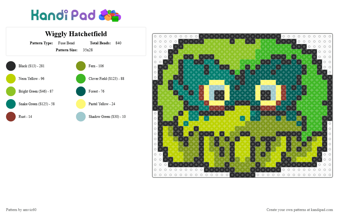 Wiggly Hatchetfield - Fuse Bead Pattern by burythehatchetfield on Kandi Pad - green,gold,gray,hatchetfield,villain,wiggly,starkid,lords in black,tgwdlm,black friday,npmd