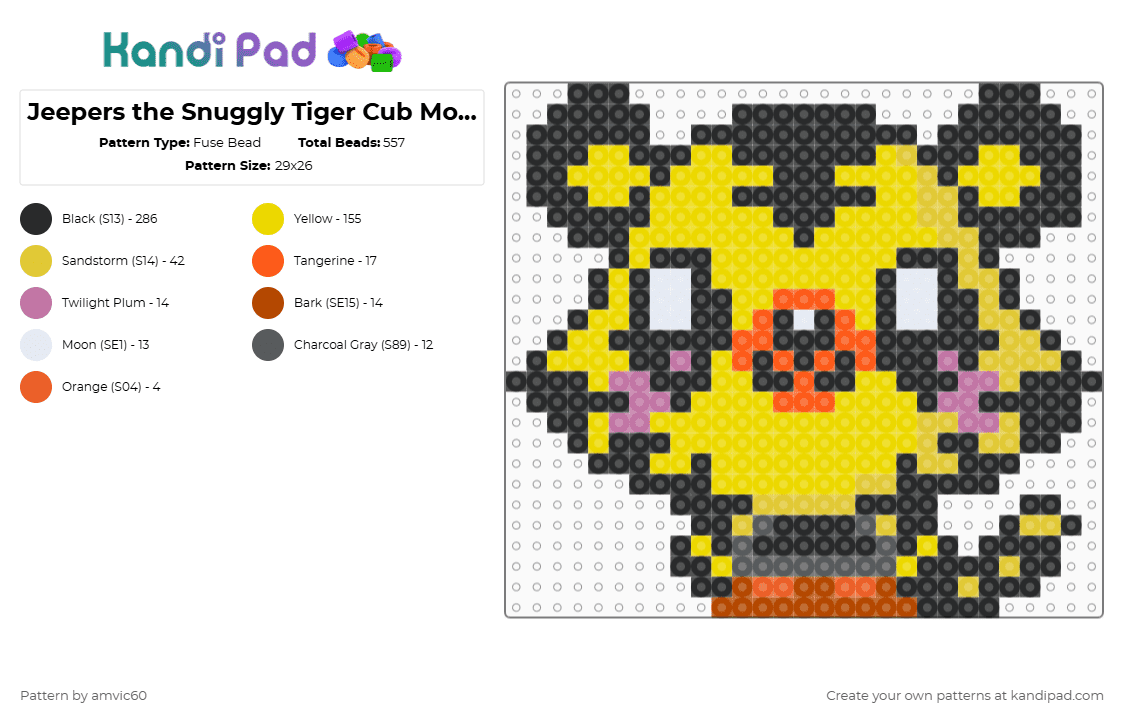 Jeepers the Snuggly Tiger Cub Moshling - Fuse Bead Pattern by burythehatchetfield on Kandi Pad - black,yellow,moshi monsters,moshlings,jeepers,beasties,virtual pet,video game