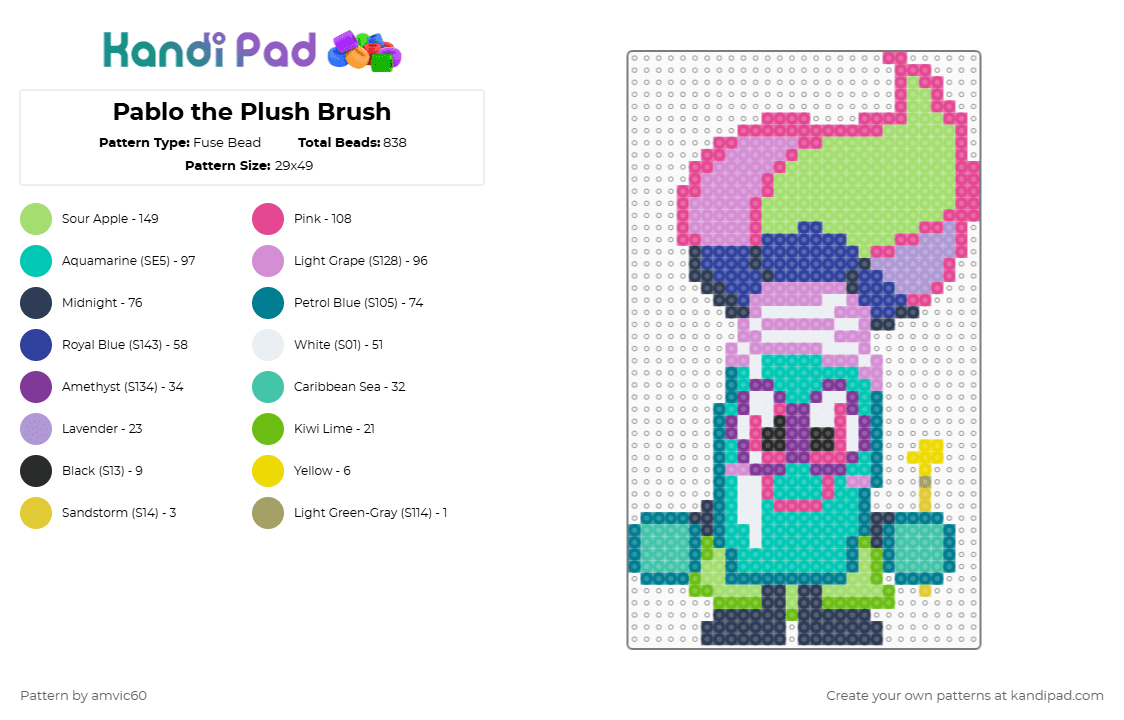 Pablo the Plush Brush Moshling - Fuse Bead Pattern by burythehatchetfield on Kandi Pad - purple,teal,pink,green,moshi monsters,moshling,virtual pet,video game,arties,pablo,super moshling