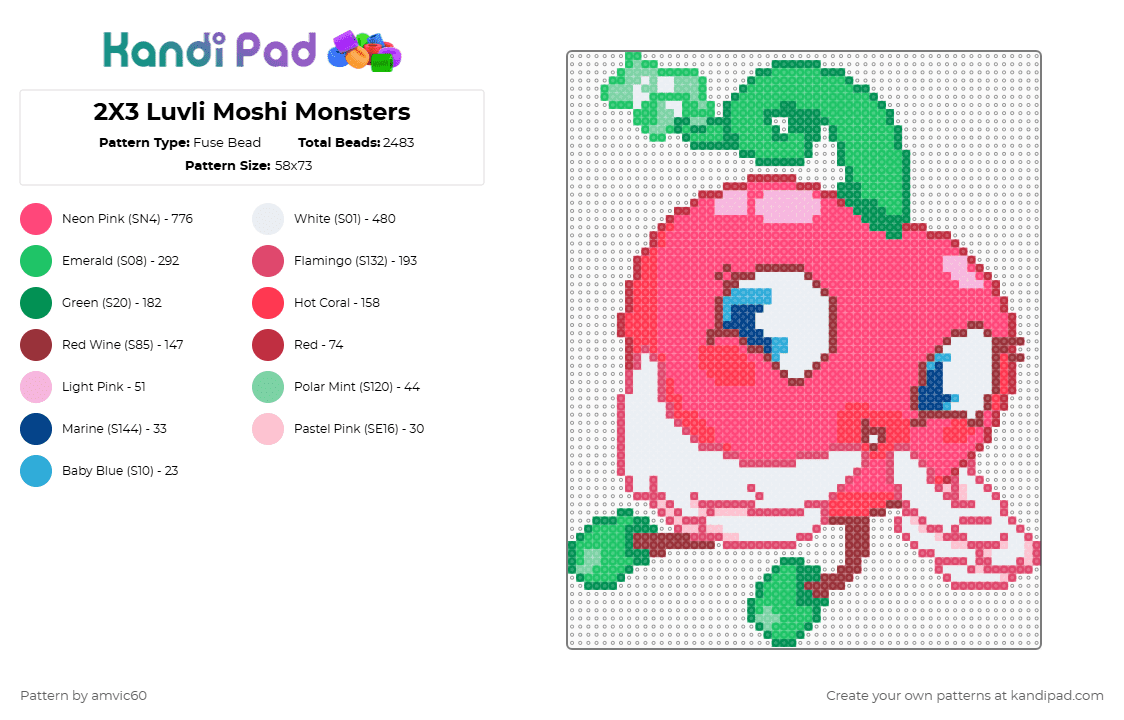 2X3 Luvli Moshi Monsters - Fuse Bead Pattern by burythehatchetfield on Kandi Pad - red,green,moshi monsters,moshlings,luvli,virtual pet,web browser game,2000s,video game