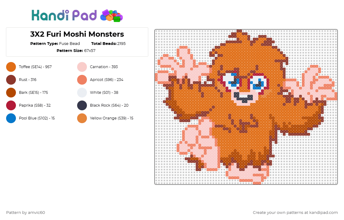 3X2 Furi Moshi Monsters - Fuse Bead Pattern by burythehatchetfield on Kandi Pad - furi,monster,animal,gaming,video game,red,orange,moshi monsters,moshlings,virtual pet,web browser game,2000s