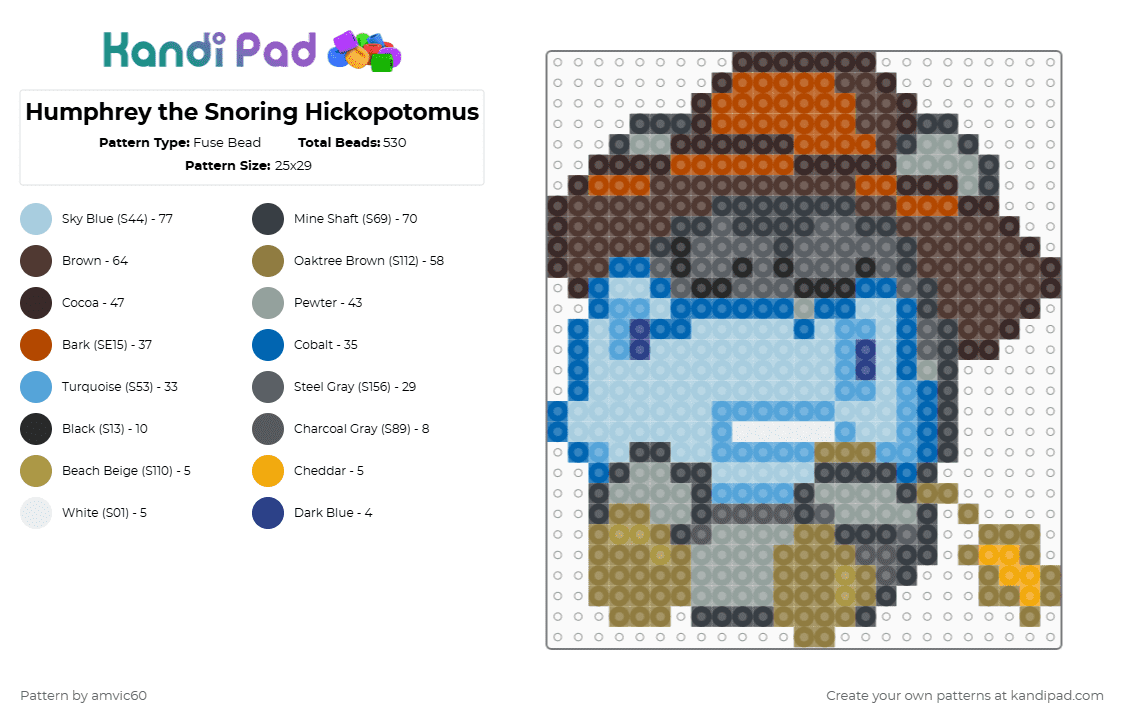 Humphrey the Snoring Hickopotomus Moshling - Fuse Bead Pattern by burythehatchetfield on Kandi Pad - light blue,brown,gray,gold,moshi monsters,moshlings,humphrey,video game,web browser game,2000s,virtual pet,beasties