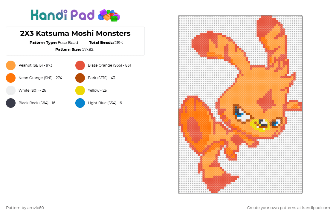 2X3 Katsuma Moshi Monsters - Fuse Bead Pattern by burythehatchetfield on Kandi Pad - katsuma,animal,cartoon,gaming,video game,orange,red,moshi monsters,moshlings,virtual pet,web browser game,2000s