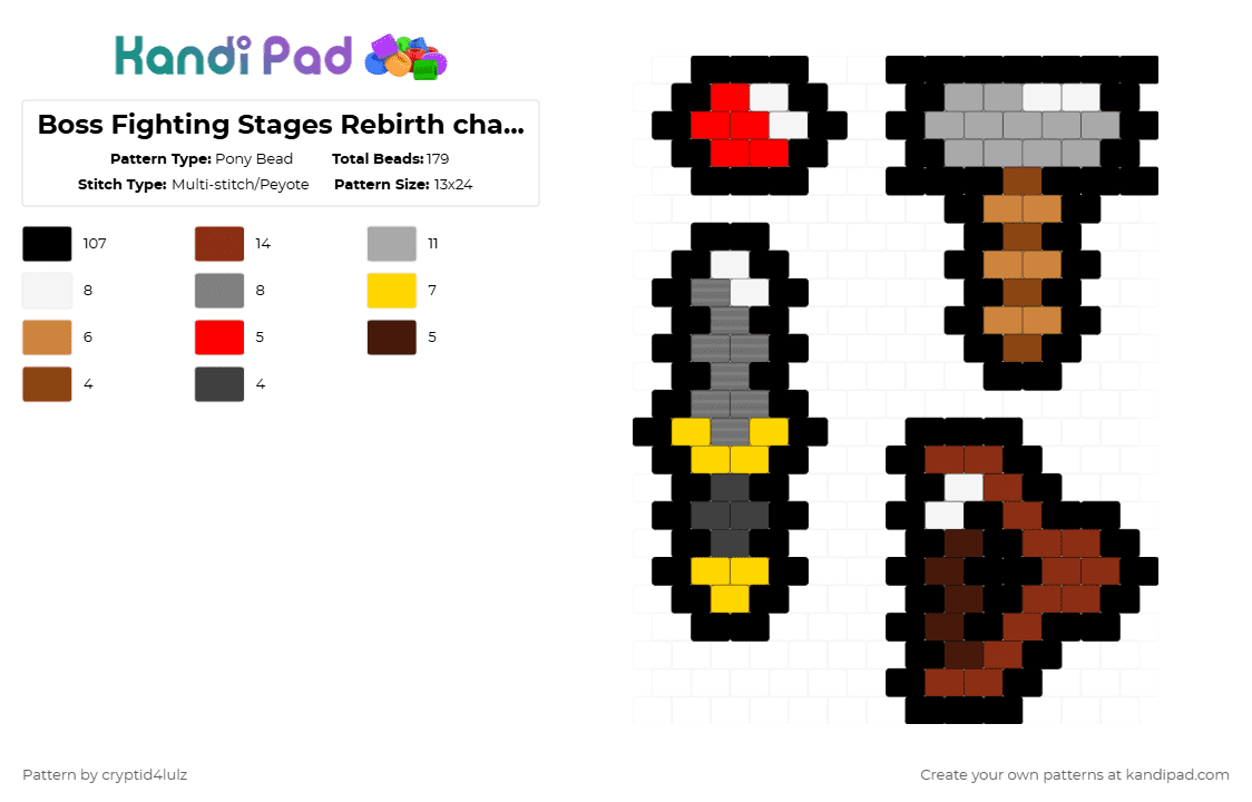 Boss Fighting Stages Rebirth charms !! ❤💜💙💚🤍 - Pony Bead Pattern by cryptid4lulz on Kandi Pad - black,red,beige,charm,roblox,sword,hammer,bow,ball,charms,boss fighting stages