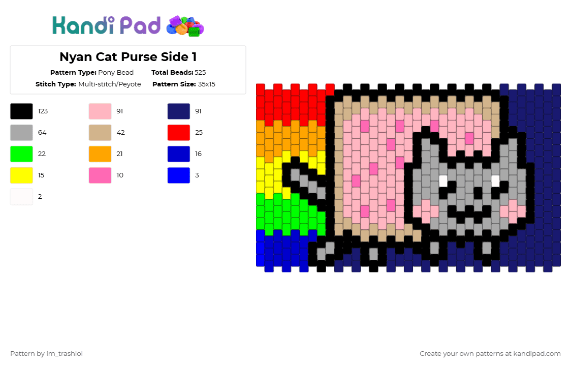 Nyan Cat Purse Side 1 - Pony Bead Pattern by im_trashlol on Kandi Pad - purple,beige,pink