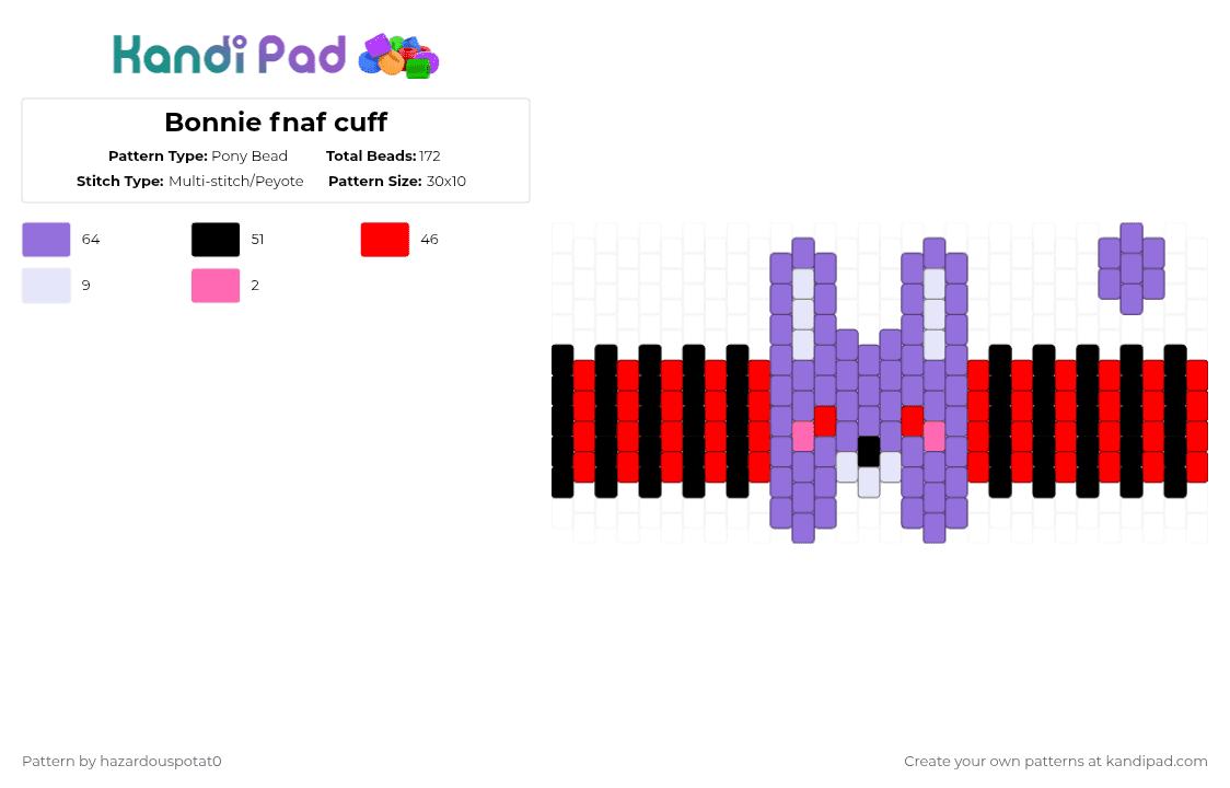 Bonnie fnaf cuff - Pony Bead Pattern by hazardouspotat0 on Kandi Pad - red,purple