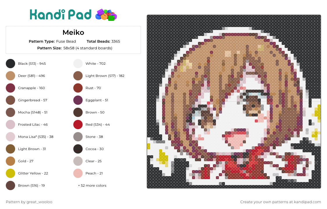 Meiko - Fuse Bead Pattern by great_wooloo on Kandi Pad - meiko,vocaloid,music,cheerful,character,expression,animated,musical