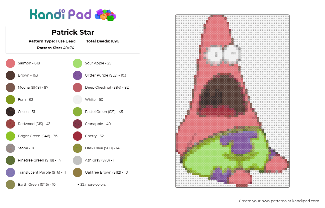 Patrick Star - Fuse Bead Pattern by deleted_user_829762 on Kandi Pad - patrick star,spongebob squarepants,nickelodeon,animated character,tv show,underw