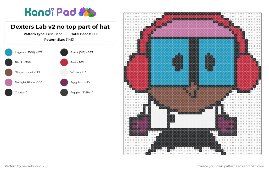 Dexters Lab v2 no top part of hat - Fuse Bead Pattern by nevaehdodd12 on Kandi Pad - red,light blue