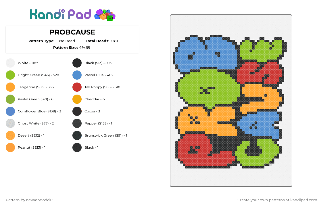PROBCAUSE - Fuse Bead Pattern by nevaehdodd12 on Kandi Pad - probcause,music,logo,name,text,graffiti,rap,artist,white,light blue,green,orange,colorful,edm,artist logo,rave