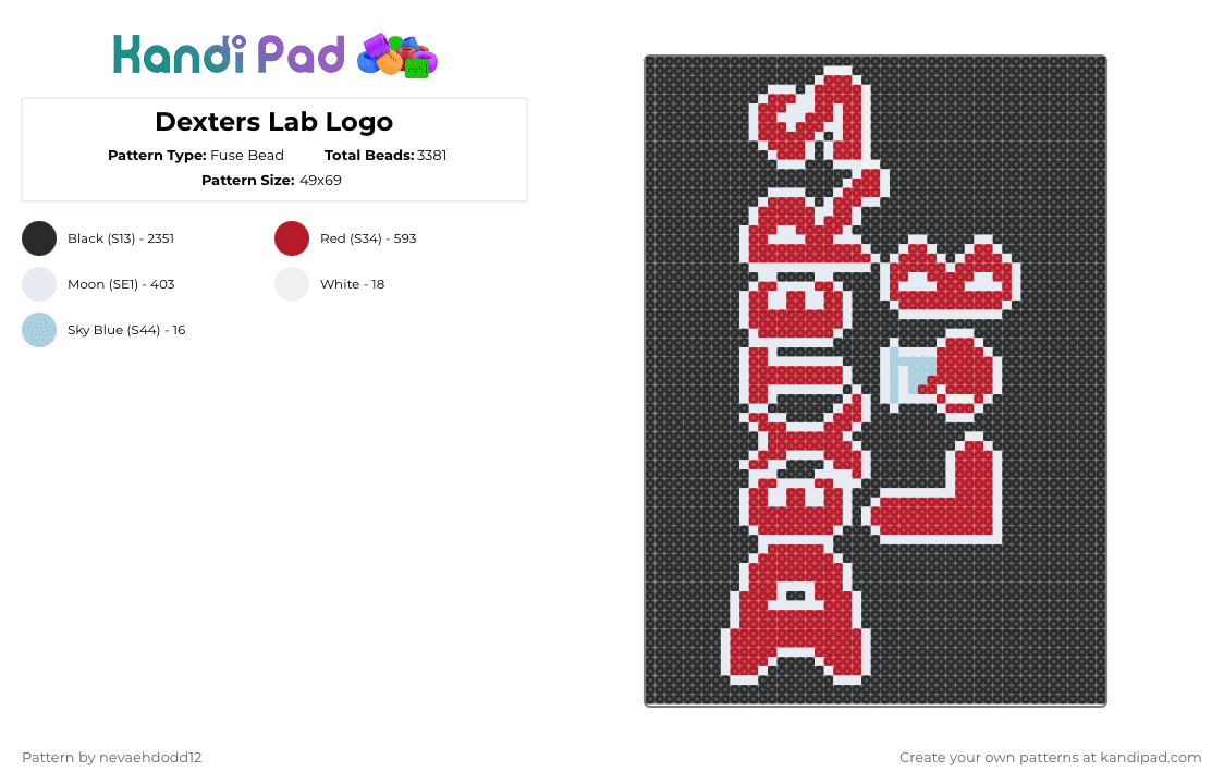 Dexters Lab Logo - Fuse Bead Pattern by nevaehdodd12 on Kandi Pad - black,red,djs,dexters lab,dj,edm,custom