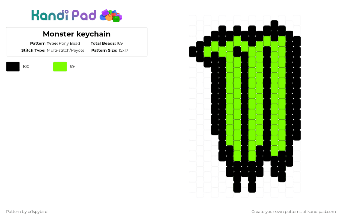 Monster keychain - Pony Bead Pattern by cr1spybird on Kandi Pad - black,green